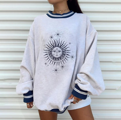 Women's Fashion Personality Printing Round Neck Loose Pullover Long Sleeve Sweater Women