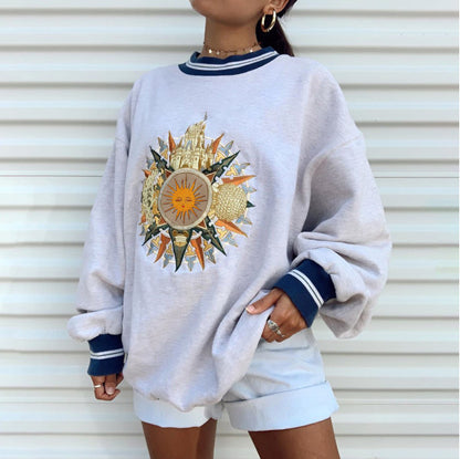 Women's Fashion Personality Printing Round Neck Loose Pullover Long Sleeve Sweater Women