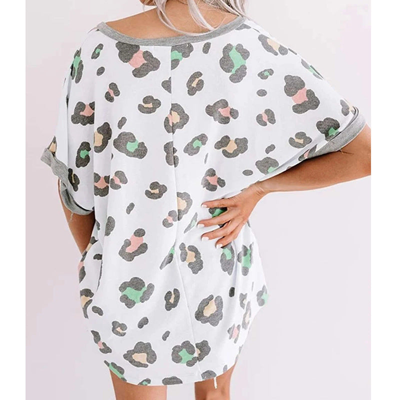 Leopard Print Top V-neck Short-sleeved T-shirt Women