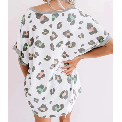 Leopard Print Top V-neck Short-sleeved T-shirt Women