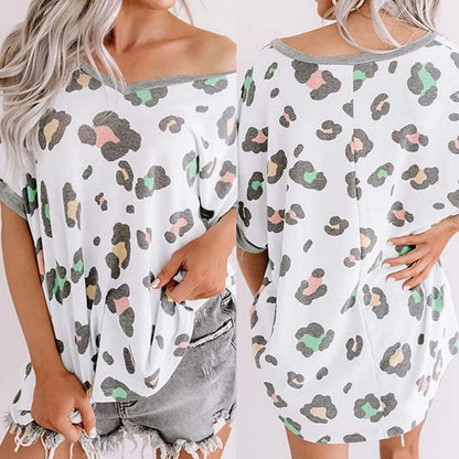 Leopard Print Top V-neck Short-sleeved T-shirt Women