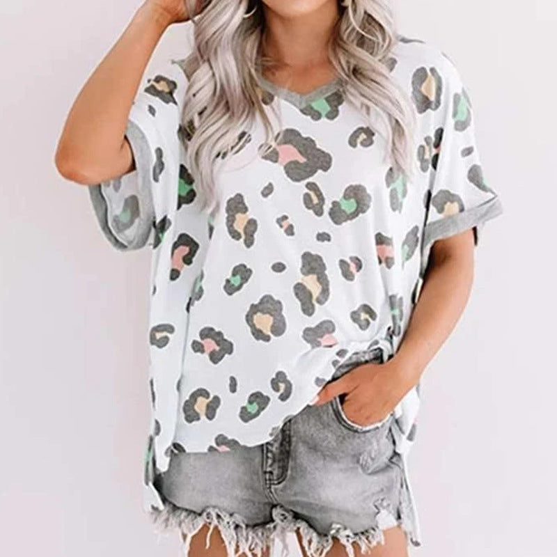 Leopard Print Top V-neck Short-sleeved T-shirt Women
