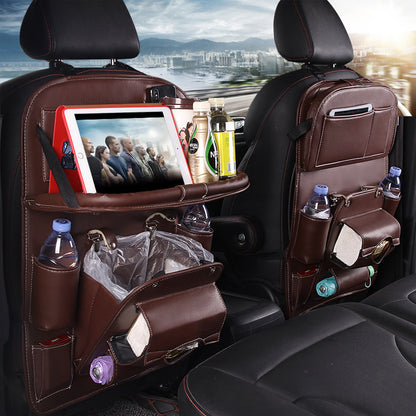 Leather Car Storage Bag Multifunction Seat Back Tray Hanging Bag Waterproof Car Organizer Automotive Interior Accessories