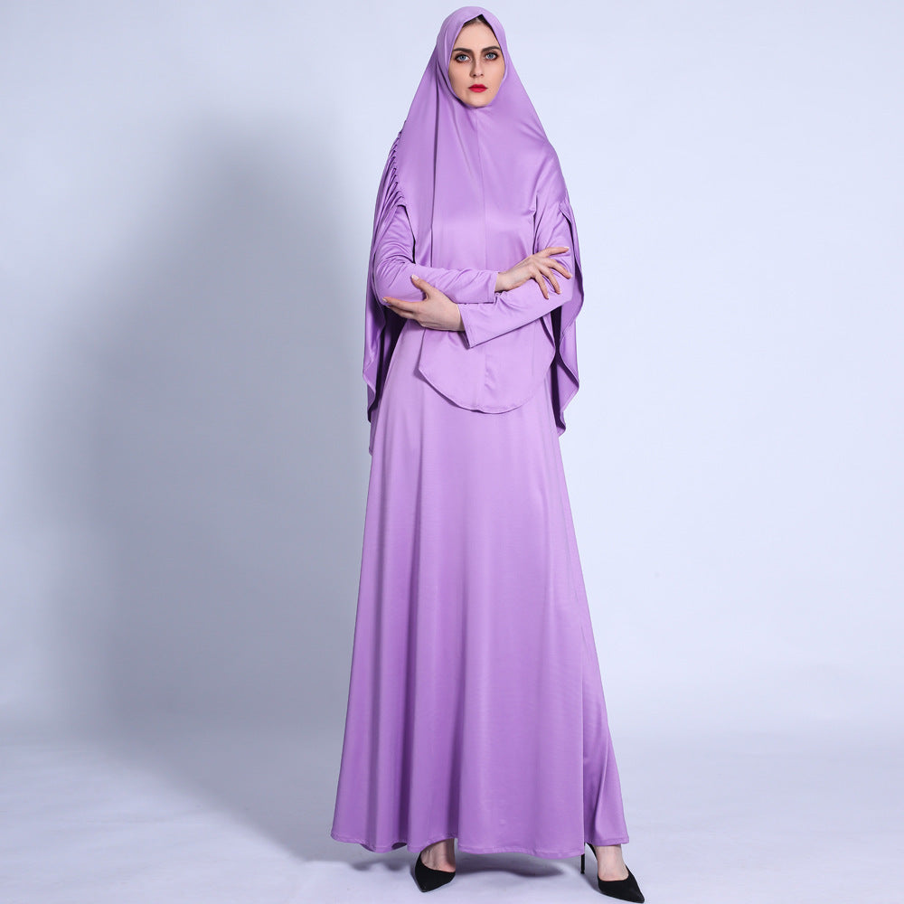 Pleated Turban Suit Muslim Solid Color Robe Retro Big Swing Dress