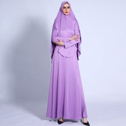 Pleated Turban Suit Muslim Solid Color Robe Retro Big Swing Dress