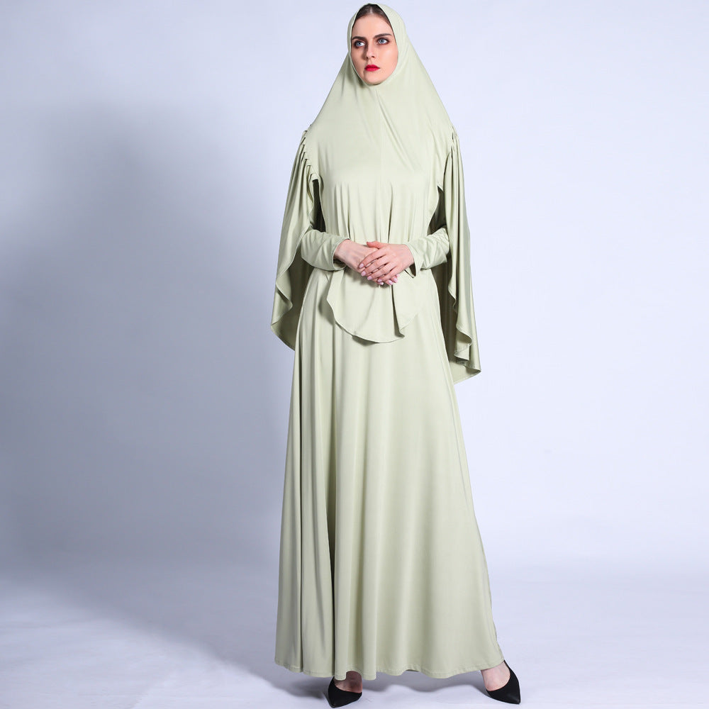 Pleated Turban Suit Muslim Solid Color Robe Retro Big Swing Dress