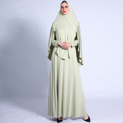 Pleated Turban Suit Muslim Solid Color Robe Retro Big Swing Dress