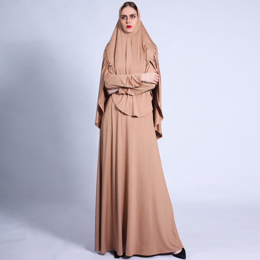Pleated Turban Suit Muslim Solid Color Robe Retro Big Swing Dress