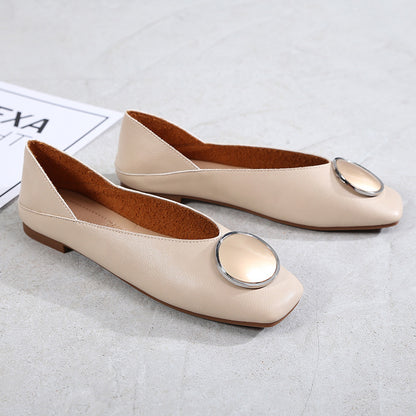 Womens Flats Shoes Ballet Vintage Genuine Leather Metal Circle