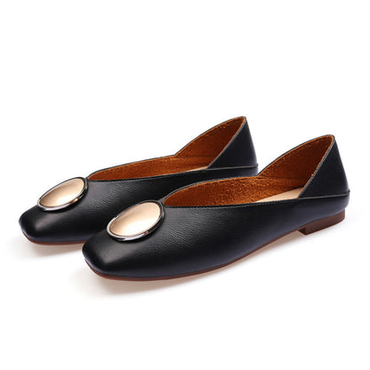 Womens Flats Shoes Ballet Vintage Genuine Leather Metal Circle