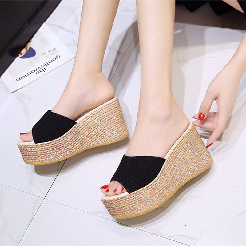 Womens Sandals Shoes Wedge Sequins Slippers Flock Thick Platform Flip