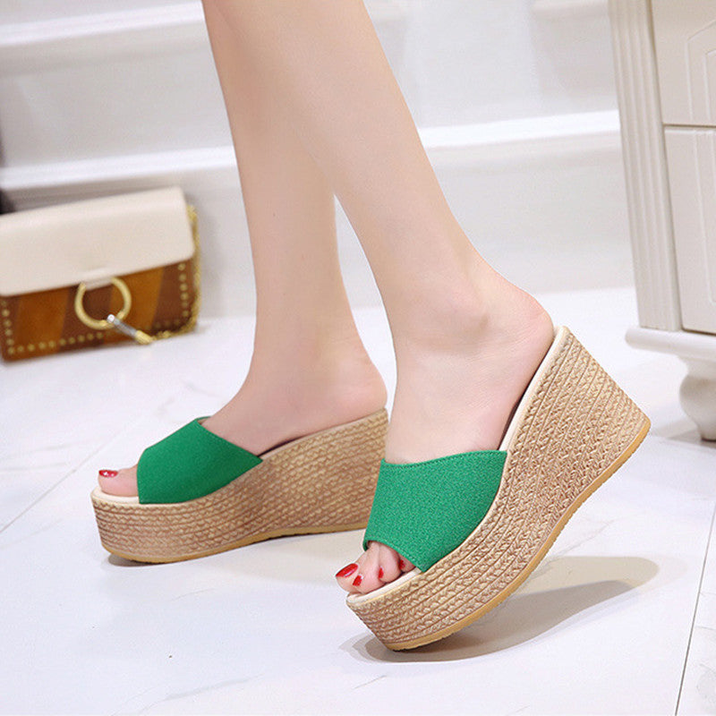 Womens Sandals Shoes Wedge Sequins Slippers Flock Thick Platform Flip