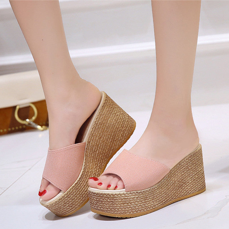 Womens Sandals Shoes Wedge Sequins Slippers Flock Thick Platform Flip