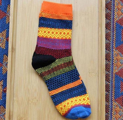 Vintage ethnic wind tube female socks horizontal strip double road socks cotton socks socks