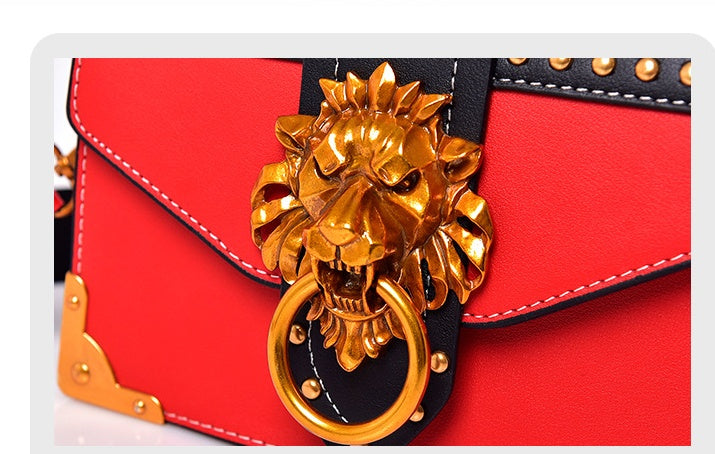 Women Fashion Pack Shoulder Bag with Metal Lion Head Crossbody Package