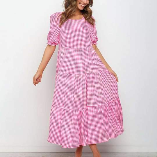 Puff Sleeves Plaid Polka Dot Stitching Loose Dress Long Skirt