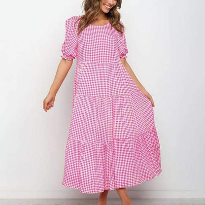 Puff Sleeves Plaid Polka Dot Stitching Loose Dress Long Skirt