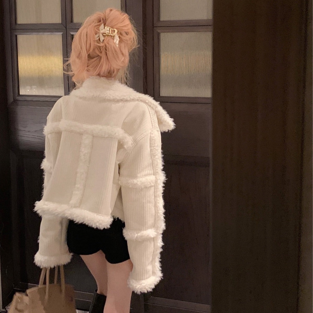 White Corduroy Short Coat For Women