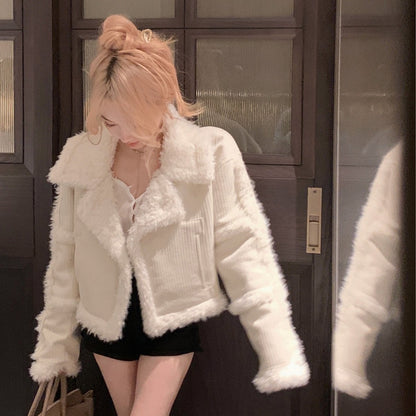 White Corduroy Short Coat For Women