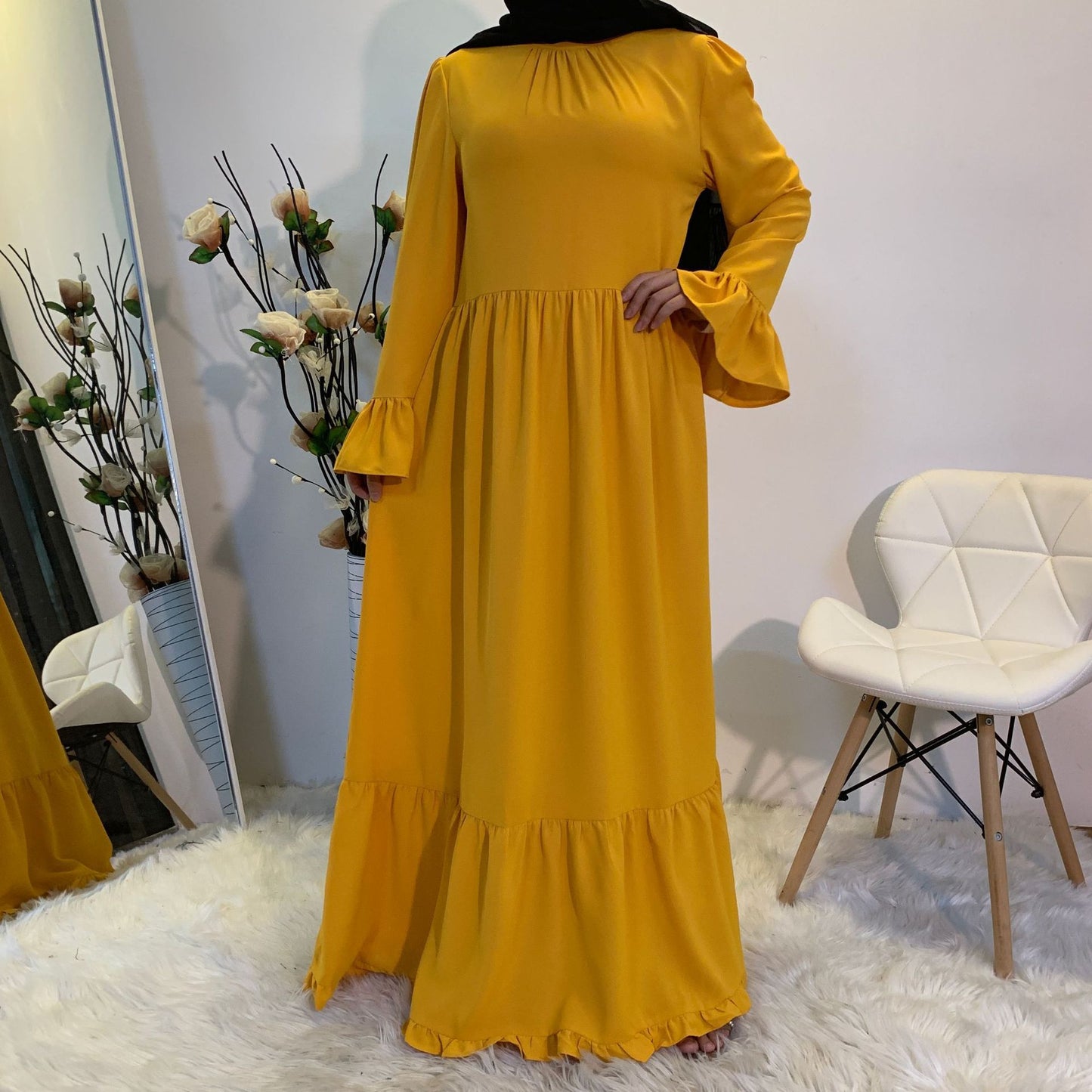 Women's Fashion Simple Casual Solid Color Flared Long Sleeve Maxi Dress