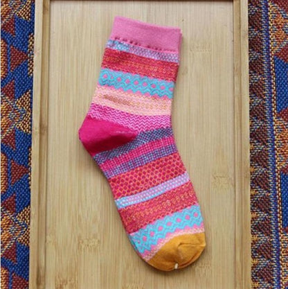 Vintage ethnic wind tube female socks horizontal strip double road socks cotton socks socks