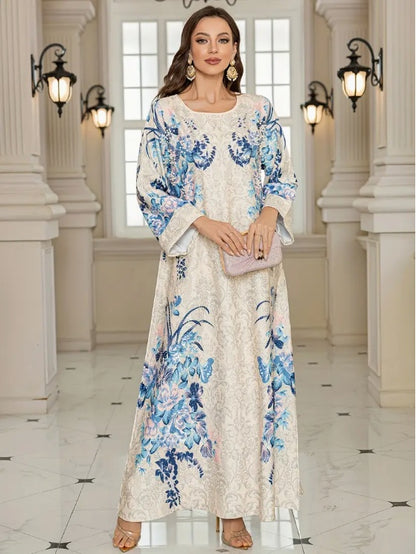 Elegant Floral Print Long Sleeve Abaya Dress
