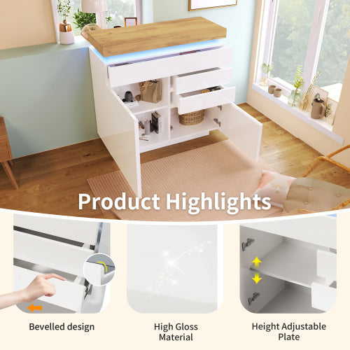 Chest Of Drawers,High-gloss Sideboard Cabinet With 2 Doors And 3 Drawers,Storage With RGB LED App-controlled,Multi-purpose Cabinet For Living Room And Bedroom, 115 X 110 X 39 Cm, White