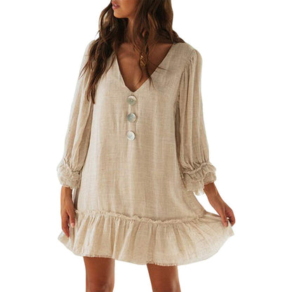 Women's Fashion Loose-fitting Long Sleeves Ruffled Hem Cotton Linen Dress