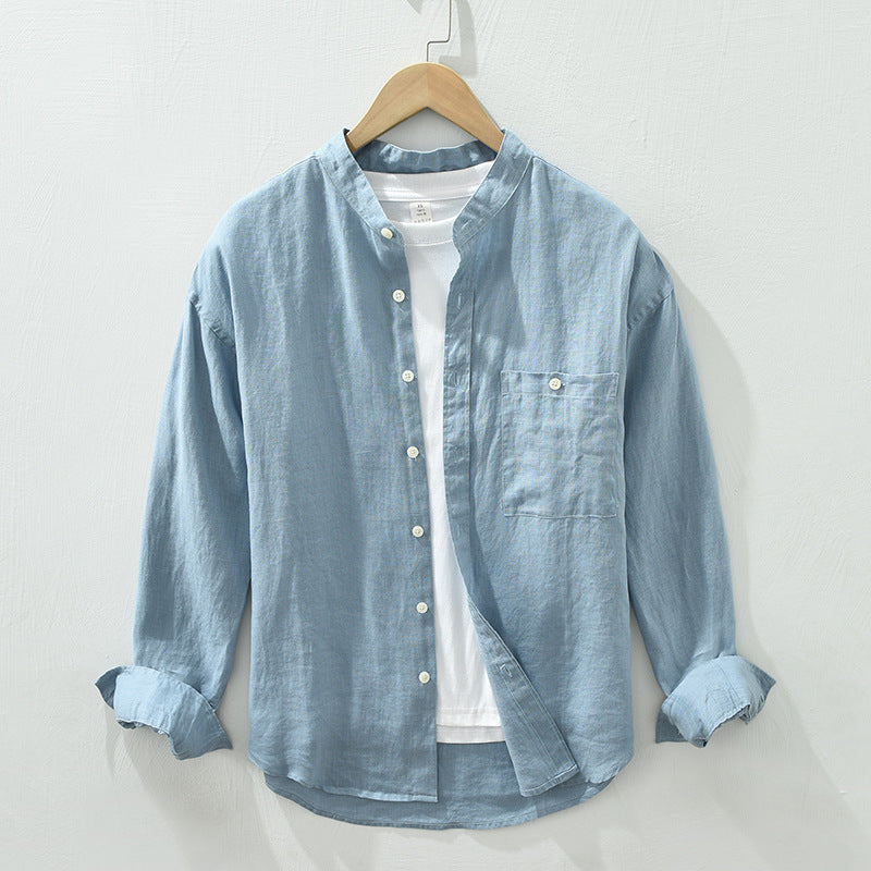 Stand Collar Long Linen Sleeves Shirt Casual Loose