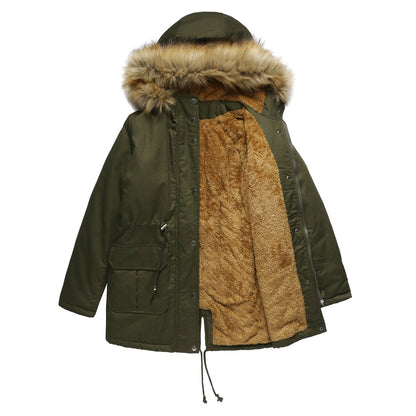Women's Hooded Fur Collar Fleece-lined Warm Jacket