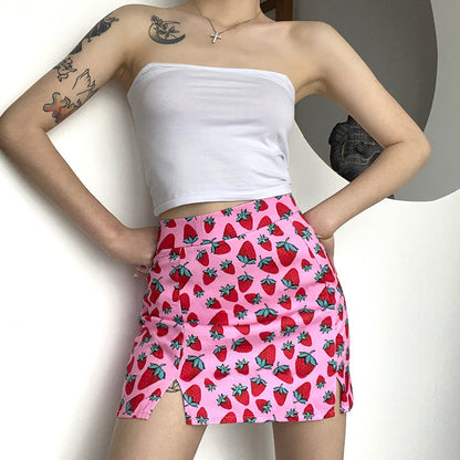 World Bank Cherry Print High Waist Hips Girls Slit Short Skirts