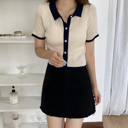 Vintage Short Sleeve Polo Neck Contrast Ice Silk Knit Sweater