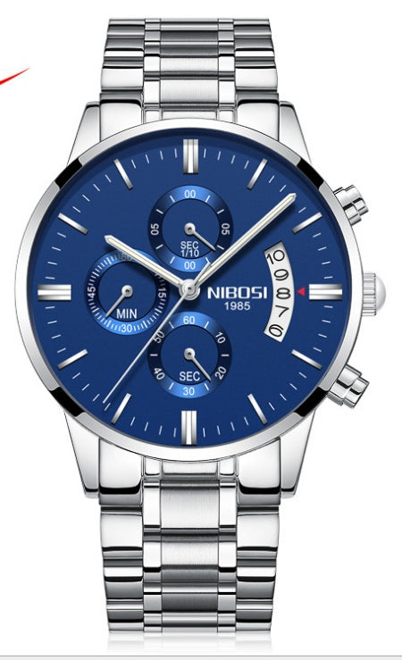 Solid steel belt men's watch waterproof coated glass luminous three-eye 6-pin quartz watch