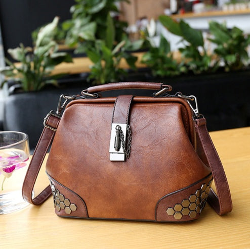 Women Handbag Leather Small Doctor Bag Women Shoulder Bag Female Crossbody Handbag Lock Chain Rivets Girls Vintage Women Bags