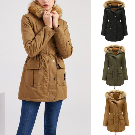 Women's Hooded Fur Collar Fleece-lined Warm Jacket