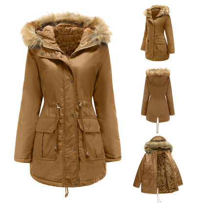 Women's Hooded Fur Collar Fleece-lined Warm Jacket