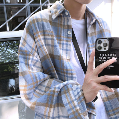 Early Autumn Long Sleeves Woolen Plaid Shirt For Men