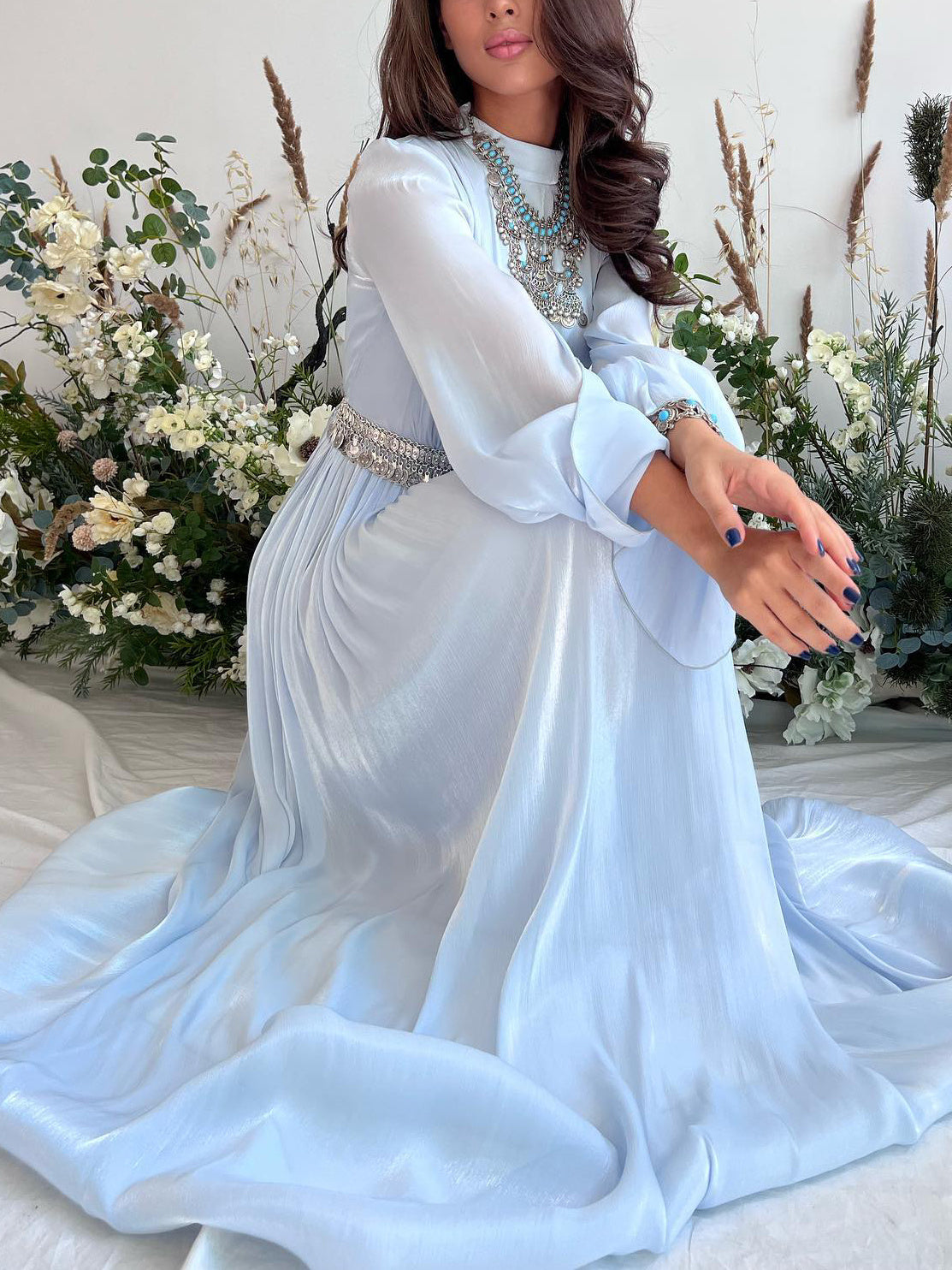 Solid Color Long Sleeve Silk Organ Maxi Dress