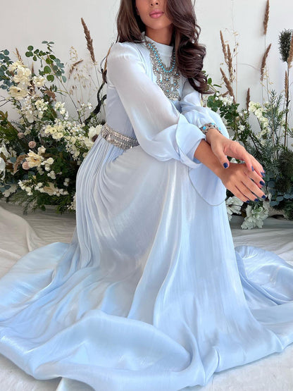 Solid Color Long Sleeve Silk Organ Maxi Dress