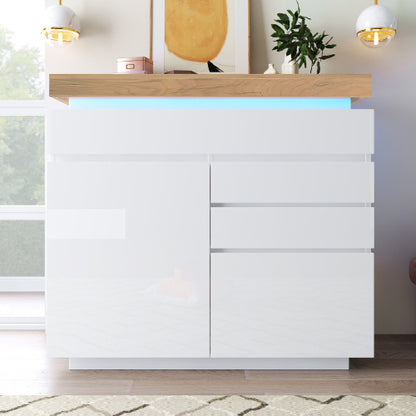 Chest Of Drawers,High-gloss Sideboard Cabinet With 2 Doors And 3 Drawers,Storage With RGB LED App-controlled,Multi-purpose Cabinet For Living Room And Bedroom, 115 X 110 X 39 Cm, White