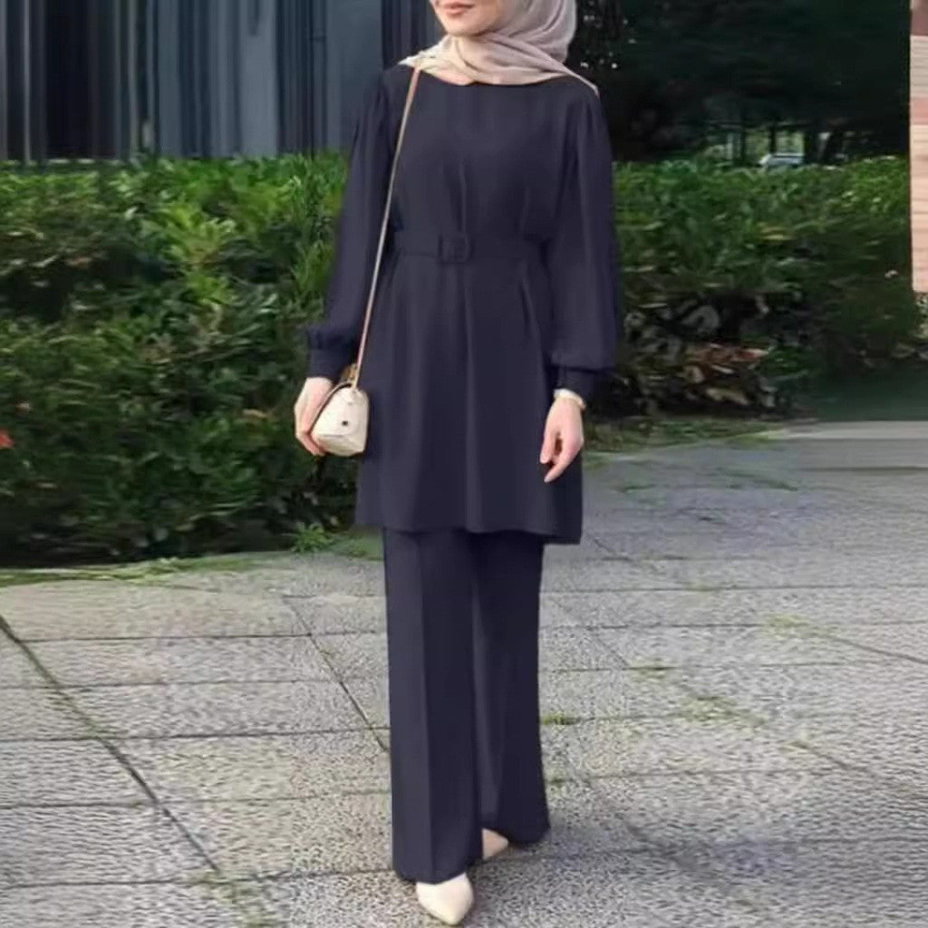 Middle East Muslim Round Neck Long Sleeve Belt Elastic Waist Top And Trousers Suit
