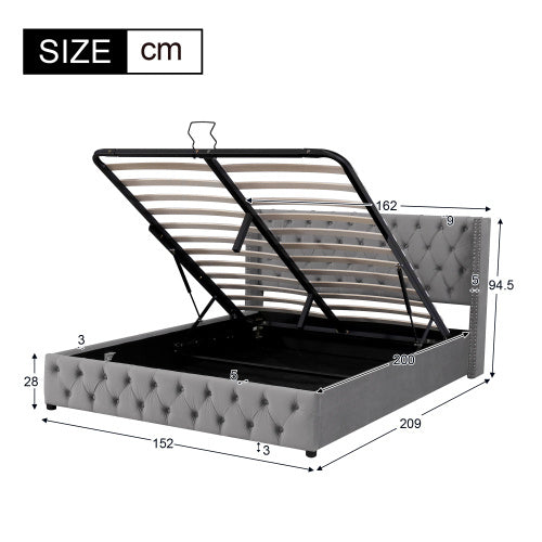 Upholstered Bed, With Hydraulic Lever, Functional Bed From Storage, 150 X 200 Cm, Without Mattress, Velvet, Gray