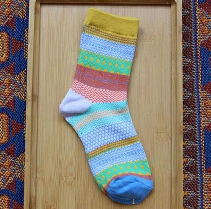 Vintage ethnic wind tube female socks horizontal strip double road socks cotton socks socks