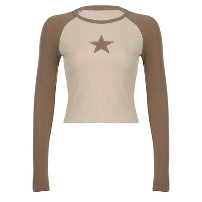 Stars Patchwork Long Sleeve T-shirts Women Slim Tops