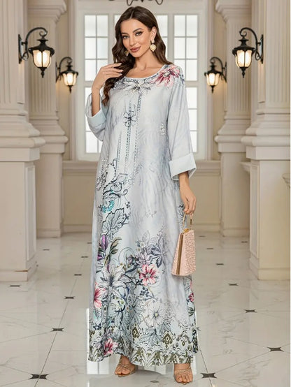 Elegant Floral Print Long Sleeve Abaya Dress