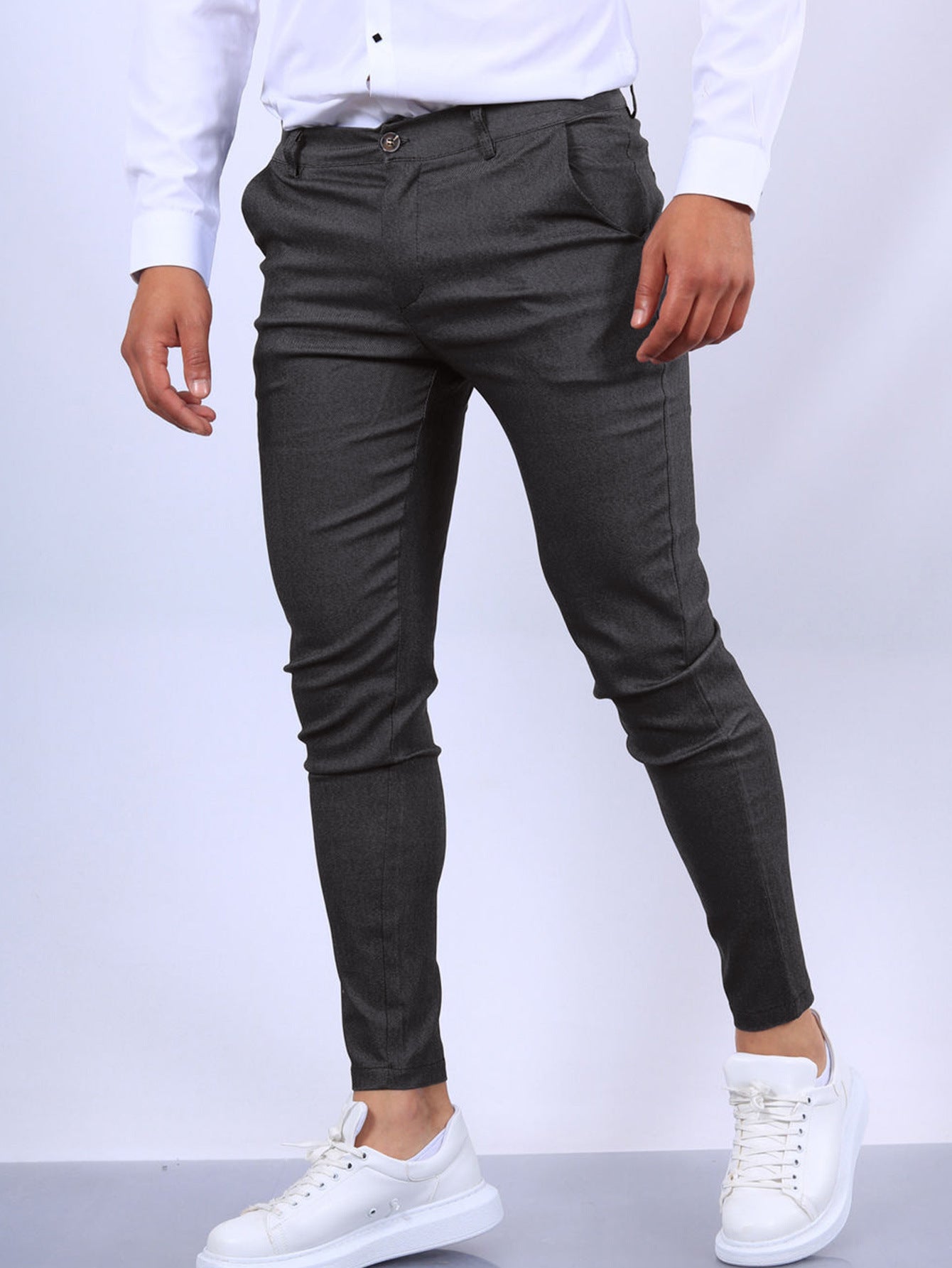 Men's Slim Button Trousers Fashion Solid Office Versatile Long Pencil Pants