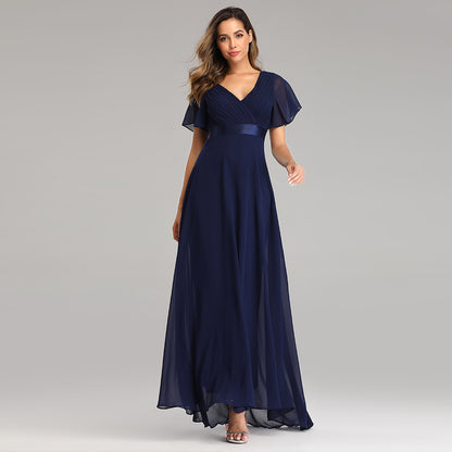 Elegant V-Neck Flared Sleeve Chiffon Maxi Dress For Women - Stretchy A-Line Party Evening Gown With Handmade Pleats
