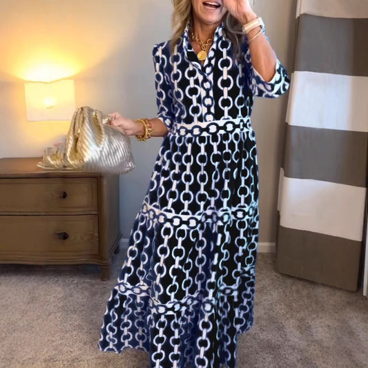 Spring And Summer Geometric Printed Round Neck Women's Maxi Dress