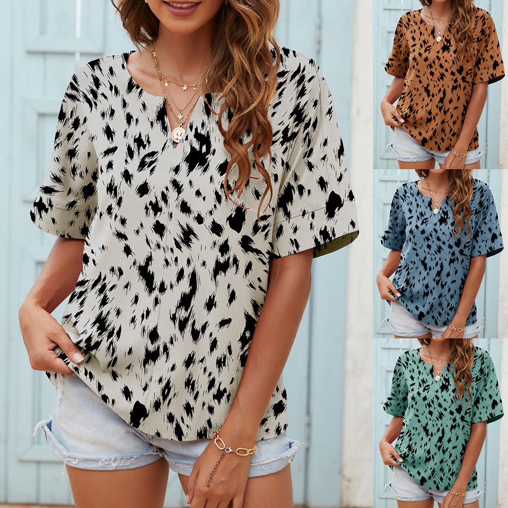 Printed V-neck Short-sleeved Casual Top T-shirt For Women