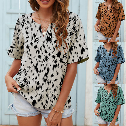 Printed V-neck Short-sleeved Casual Top T-shirt For Women